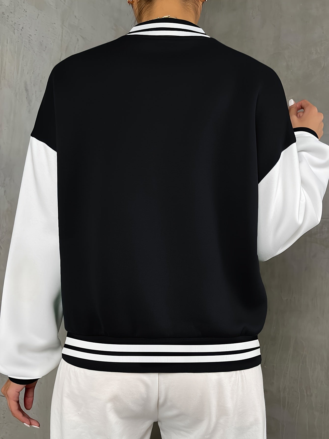 Women'S Casual Long Sleeve Baseball Jacket with "A" Letter Detail - Black & Beige Two-Tone Design, Button-Up Front, Flap Pockets, Fall/Winter Fashion Outerwear, Autumn Winter Apparel | Buttonup Jacket | Functional Pockets