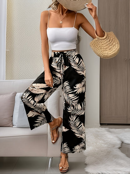 Wide-Leg Floral Casual Pants with Drawstring Waist