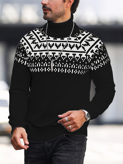 Men's Geometric Graphic Print Knitted Pullover, Casual Long Sleeve Turtle Neck Sweater For Fall Winter, Outdoor Cloth