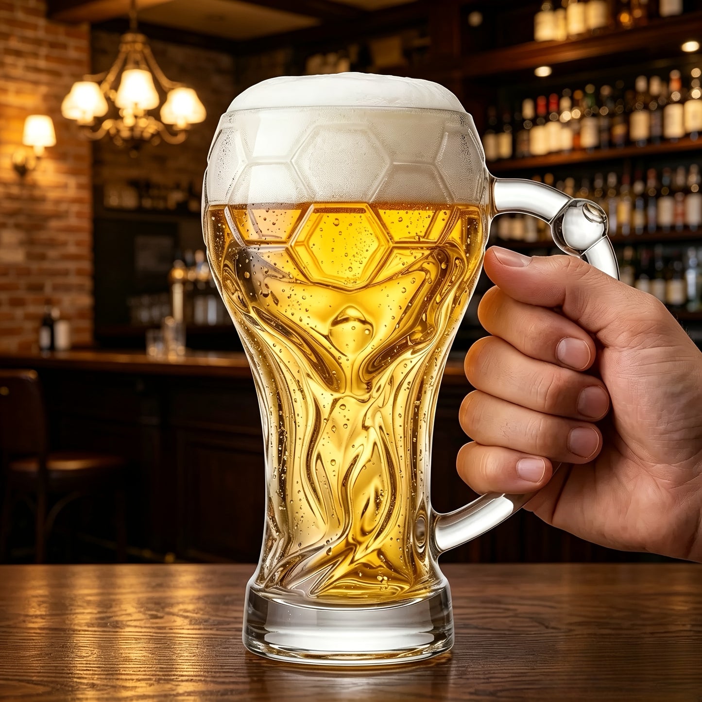 Thick Glass Beer Mug with Hercules Soccer Strap Handle, Large Capacity