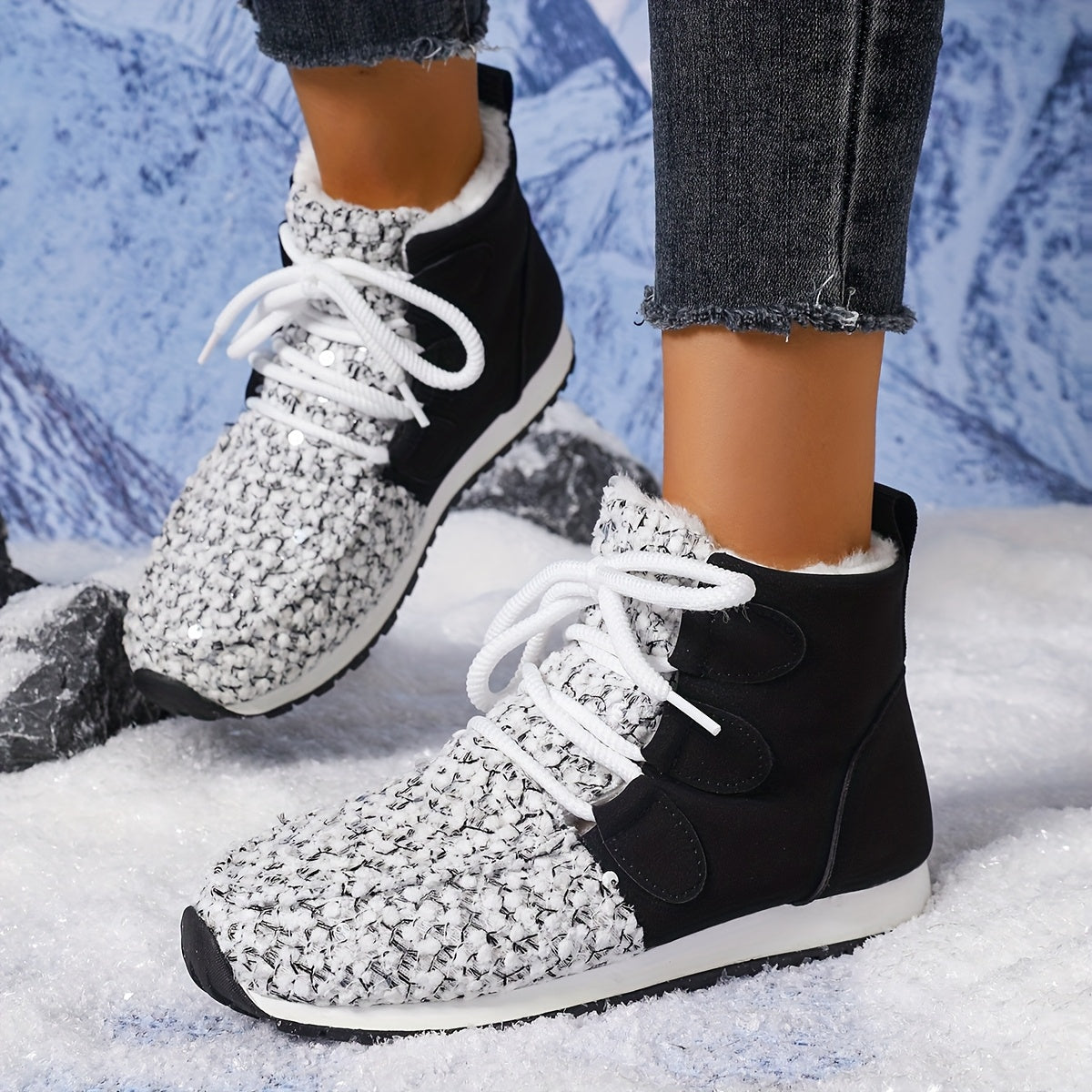 Women'S Cozy Fleece-Lined Winter Boots - & Glittery Snow Boots with Thick Rubber Sole, Lace-Up Design for Cold Weather Comfort, Casual Style, Winter Boots