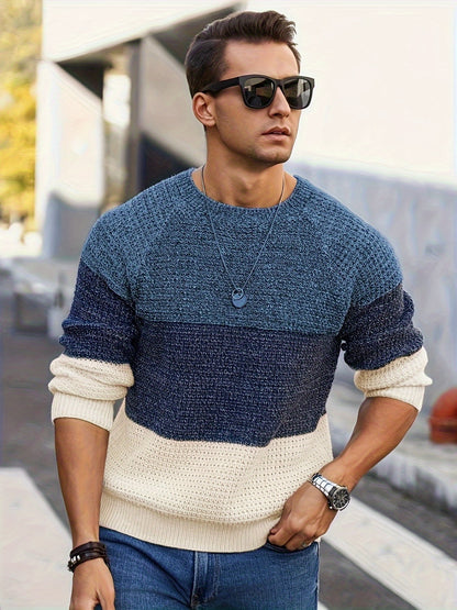 Men's Autumn and Winter Color Block Knit Sweater, Crew Neck Pullover