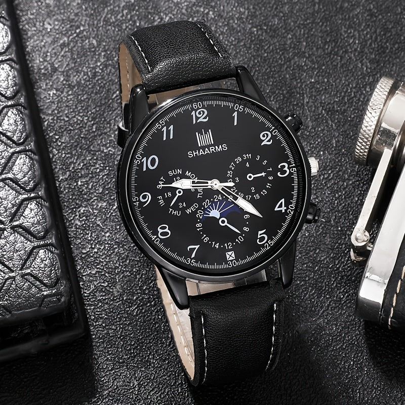 Stylish Men's 3pcs Set: Quartz Watch, Glasses & Wallet - Faux Leather Strap, Alloy Case, Digital Dial - Perfect for Gifts & Casual Attire
