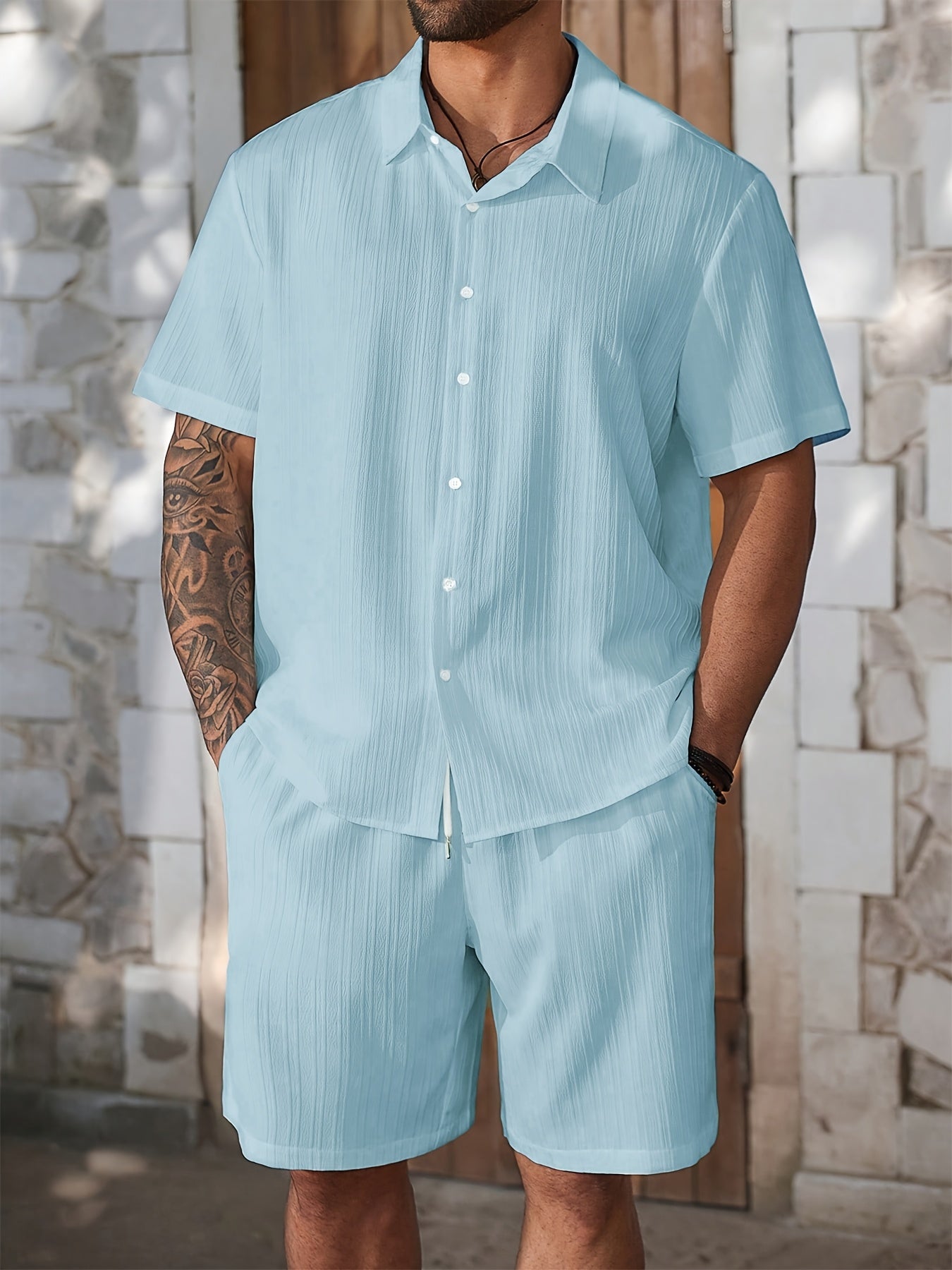 Men's Summer Casual Shirt and Shorts Set, Lightweight Polyester
