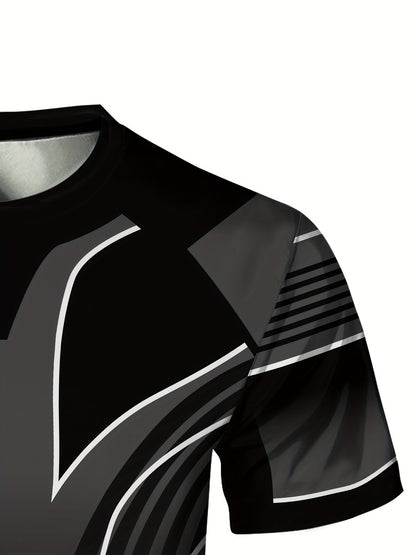 Men'S Slim Fit Breathable T-Shirt with Intricate Black  White Geometric Print - Moisture-Wicking Polyester-Spandex Blend, Machine Washable, Round Neck Short Sleeve for Summer Casual Wear, Gym, Hiking  Outdoor Activities