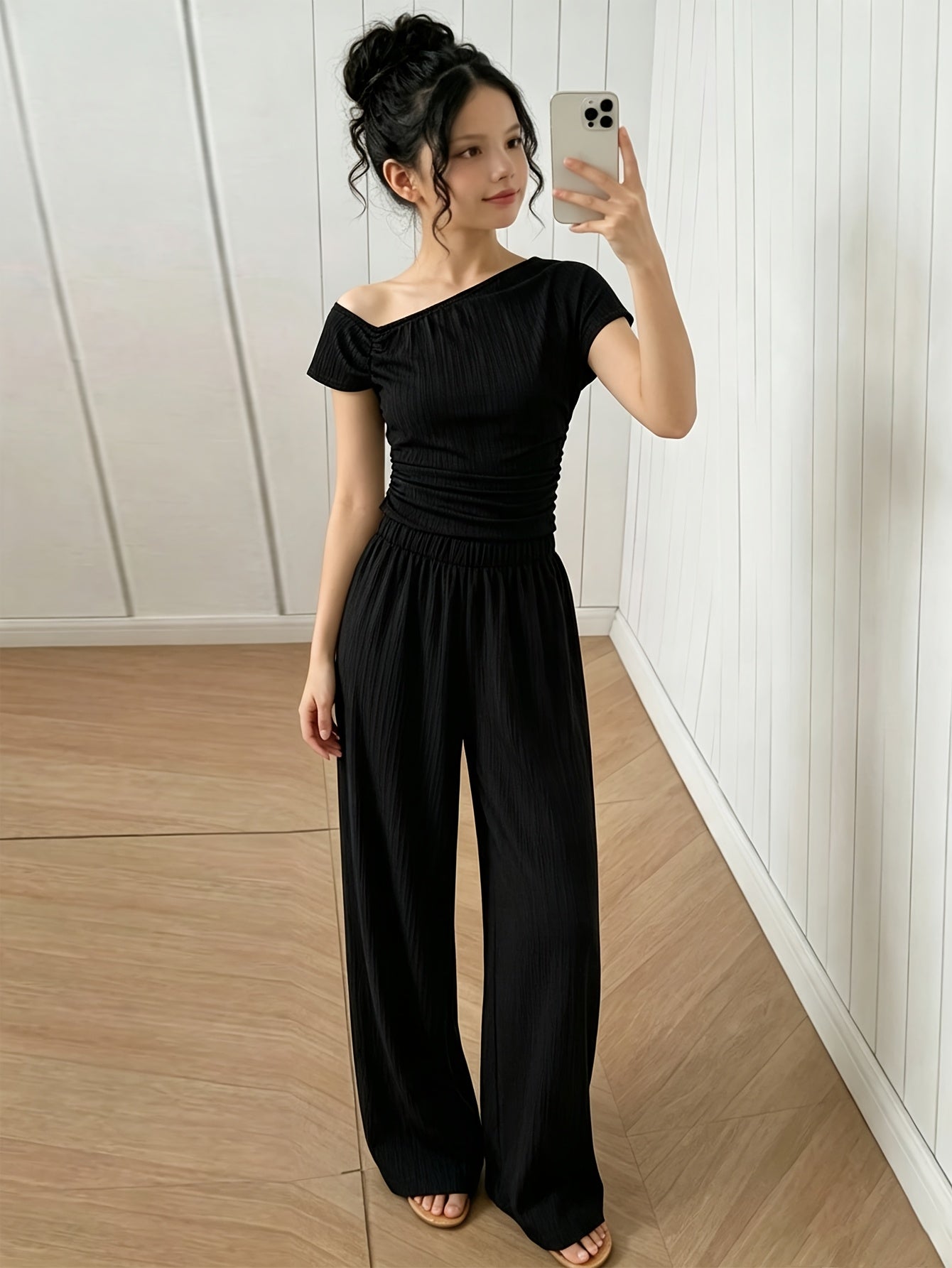 Girls' Summer Street Style Asymmetrical Top & Wide-Leg Pants Set