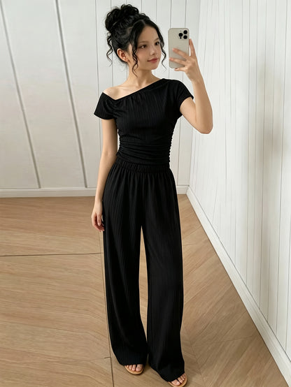 Girls' Summer Street Style Asymmetrical Top & Wide-Leg Pants Set