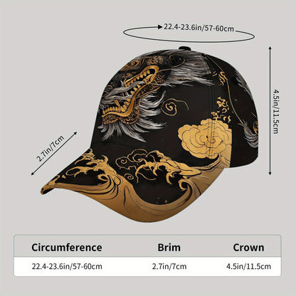 Stylish Dragon & Floral Print Baseball Cap - Breathable Lightweight Unisex Hat for Outdoor Sports, Casual Wear & Lunar New Year Festivities, Black with Golden/White Accents, Festive Headwear, Vibrant Patterned Cap, Comfortabl