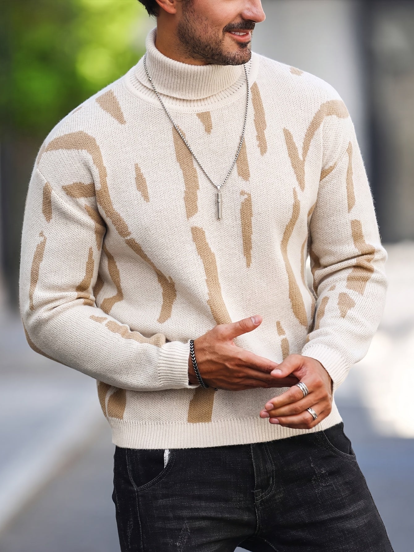 Men's Zebra Stripe Knit Sweater - High Neck Winter Pullover with Zebra Stripes, Warm Casual Sweaters for Weather, Hand Washable Fall/Winter Wardrobe Essential (Regular Fit) - ayq