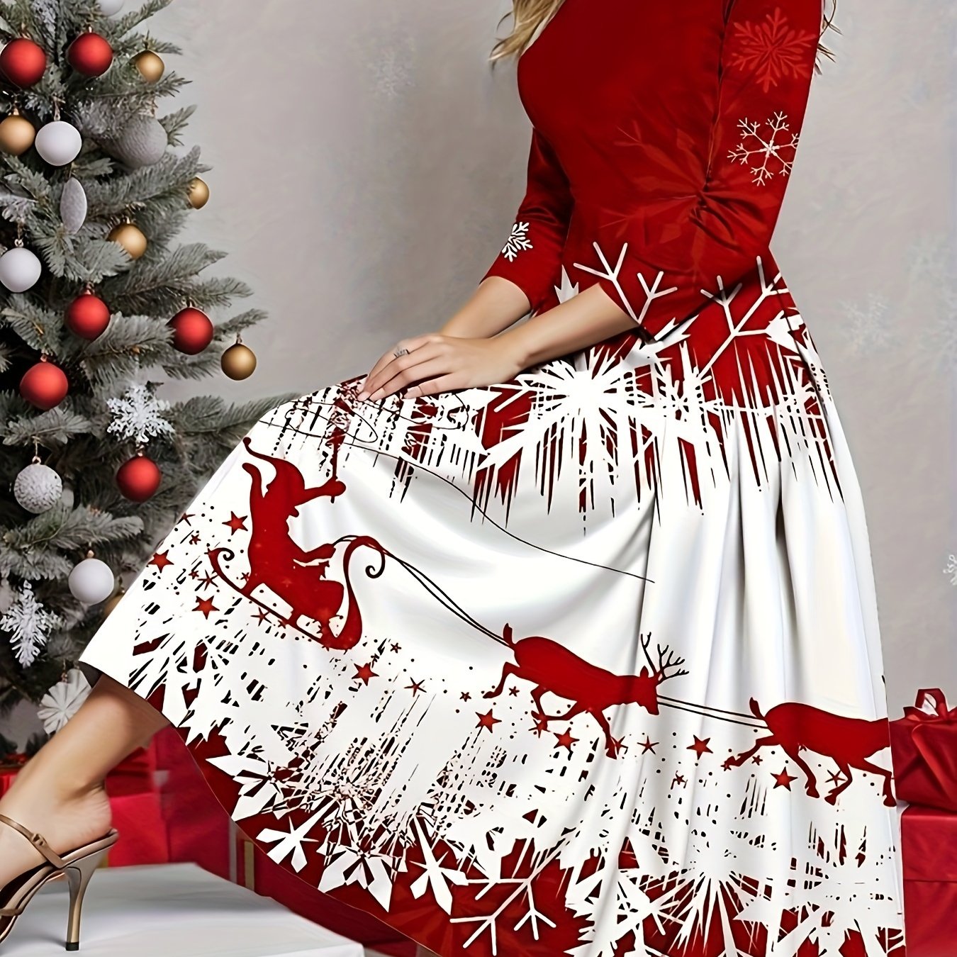 Spring and Autumn New Christmas Reindeer Print Casual Long Sleeve Round Neck Dress, Best for Christmas