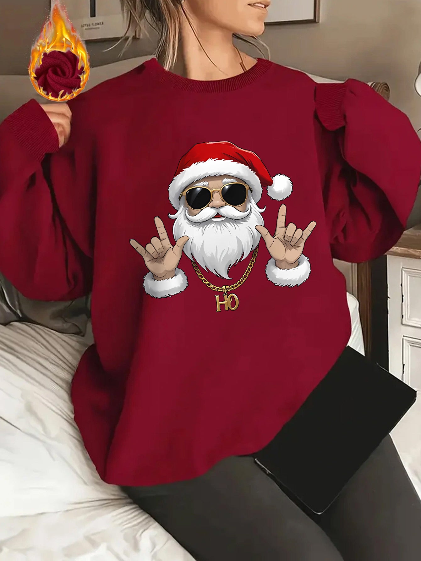Women's Elegant Christmas Santa Claus Graphic Print Fleece-Lined Sweatshirt - Long Sleeve Round Neck Pullover with Golden Accents, Machine Washable Holiday Party Casual Top, Christmas Sweatshirt, Festive Clothing, Hiphop Styl
