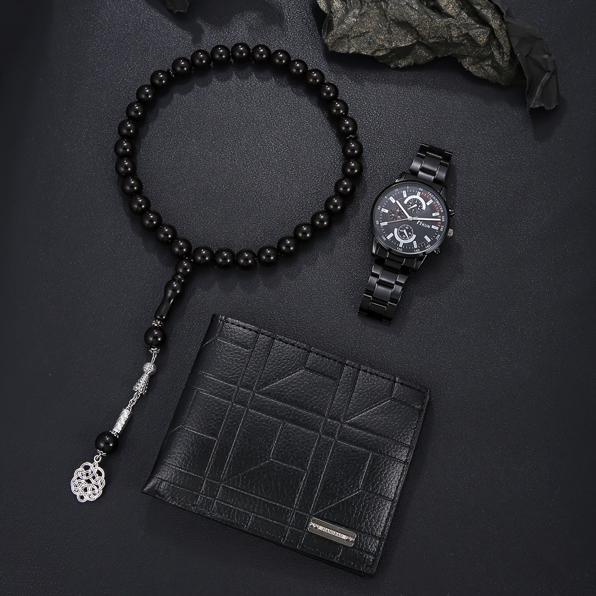 3pcs Fashionable and Handsome Business Casual Men's Quartz Watch Gift Box Set + Rosary Beads + Wallet, Perfect Gifts for Father's Day, Teacher's Day, Thanksgiving