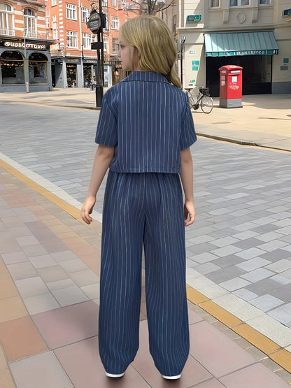 Girls' Spring/Summer 2-Piece Casual Striped Lapel Set
