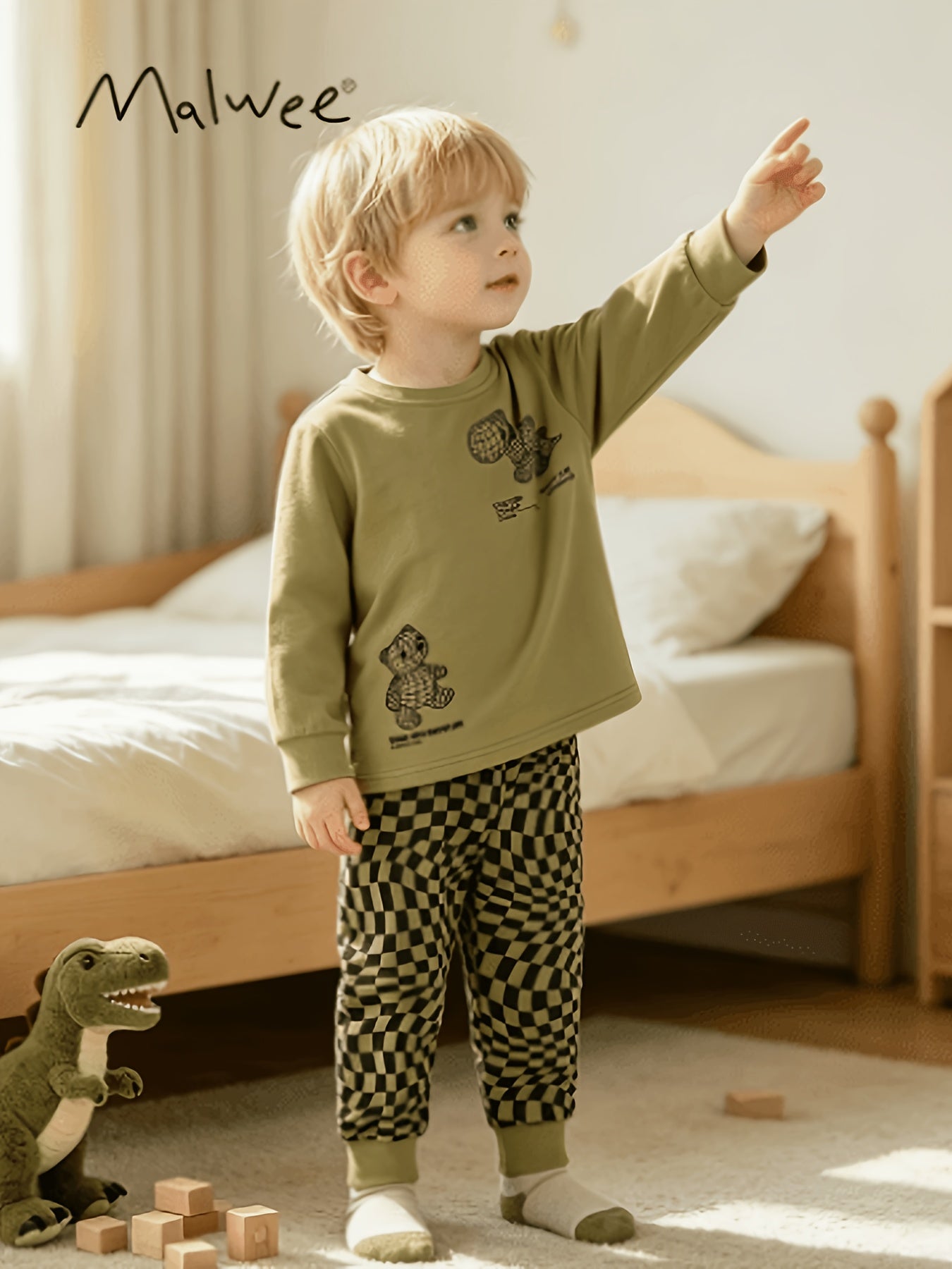 Boys' Autumn/Winter Avocado Green Cotton Long-Sleeve Set