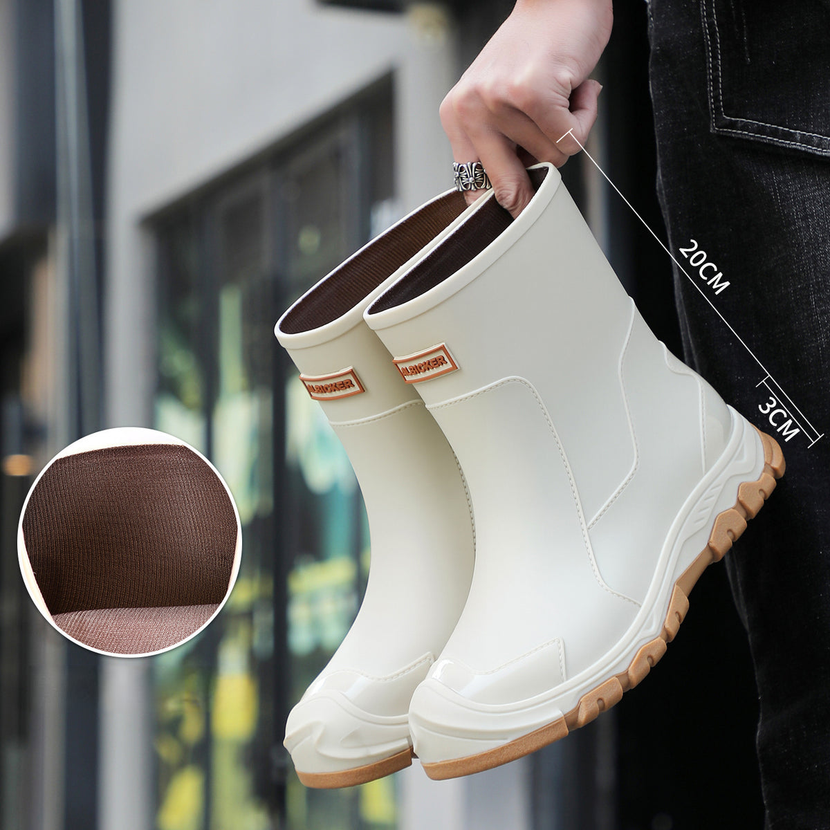 Unisex Mid-Calf Rubber Rain Boots with Drawstring Closure