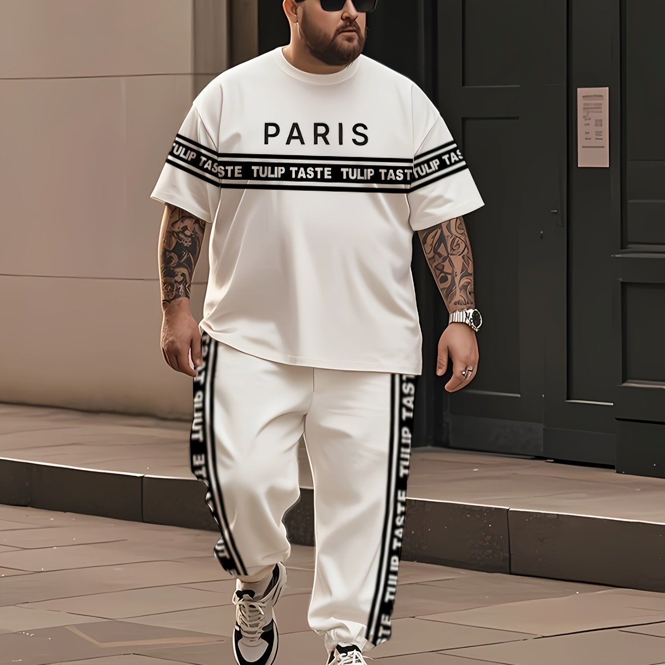 Black and White Striped Urban Style Large Size Men's Round Neck Short Sleeve T-shirt and Pants Black and White 3D Striped Mixed Print Simple Paris Letter Street Culture Short Sleeve T-shirt Urban Striped Letter Print Pants Fa