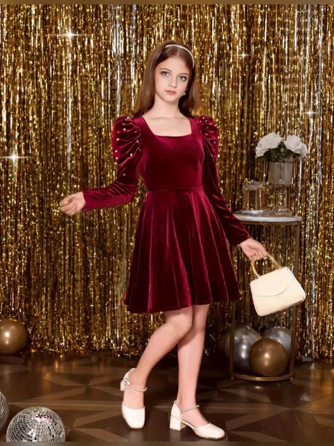Girls' Burgundy Winter Dress with Puff Sleeves & Pearl Trim - Elegant Square Neck A-Line Party Dress, Zipper Closure for Weddings, Christmas, Prom - Hand Washable Non-Stretch Formal Attire (No Belt)