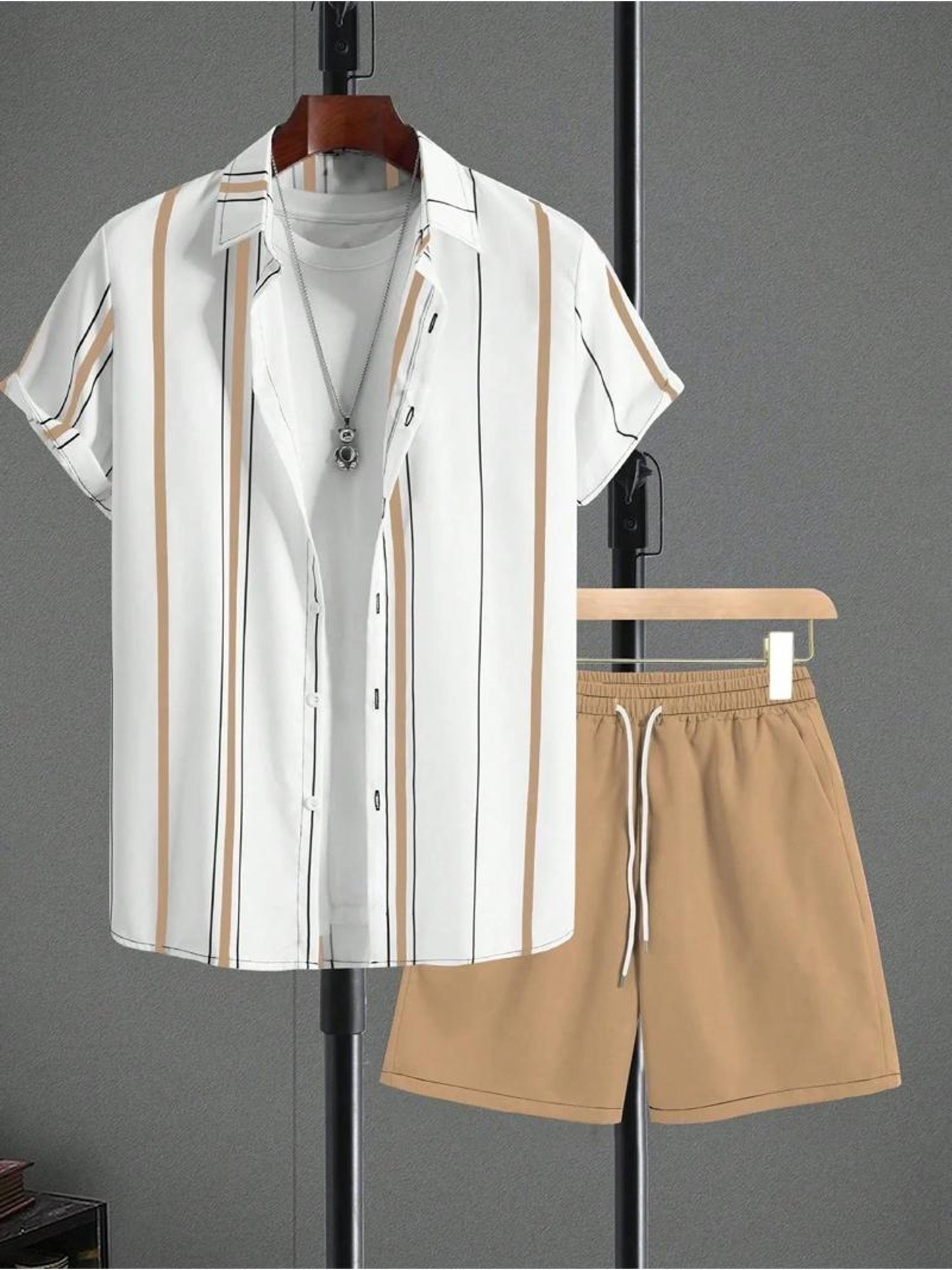 Men's Casual Summer Set - Striped Short-Sleeve Shirt & Shorts