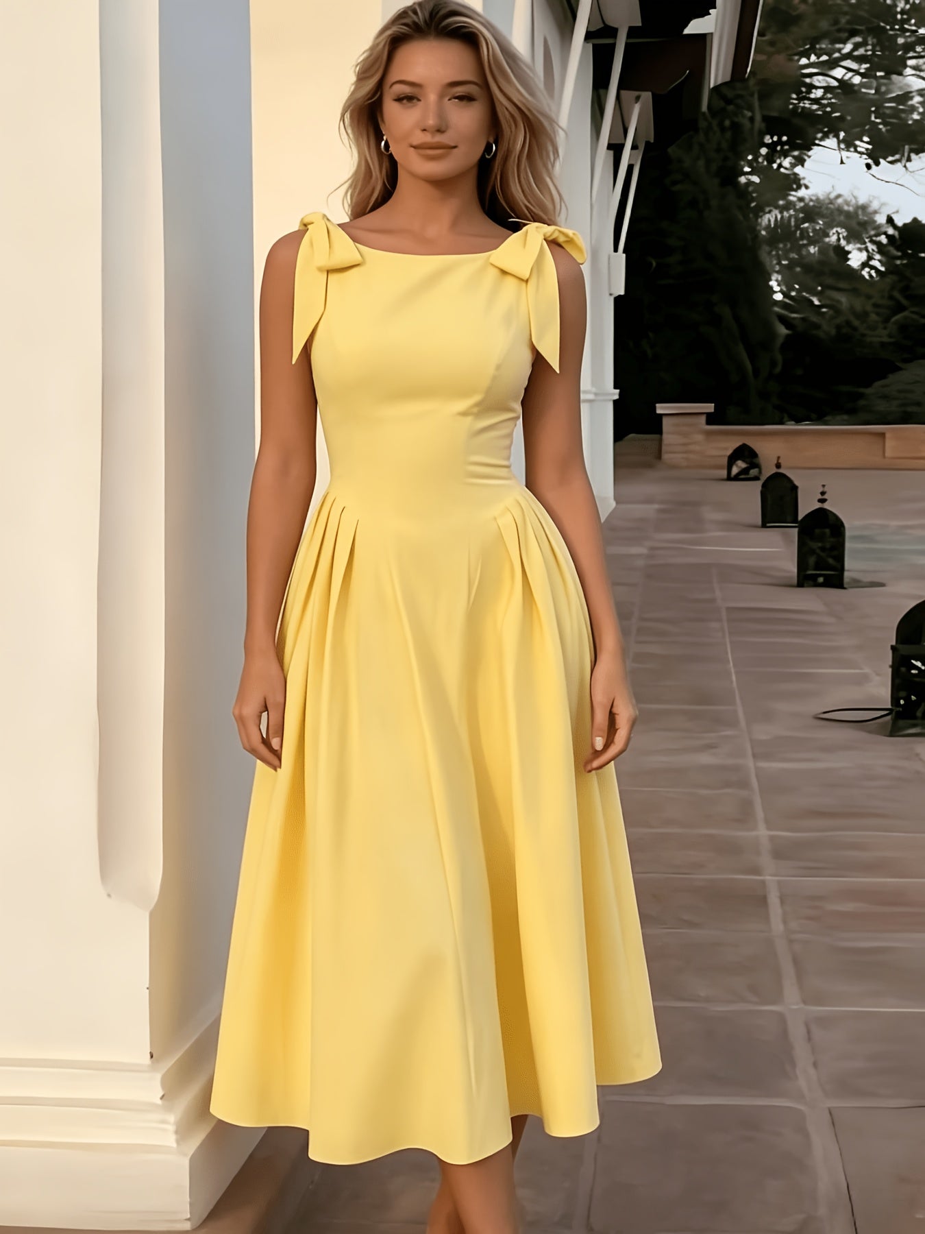 Elegant Women's Retro Fit and Flare Midi Dress with Bow Straps