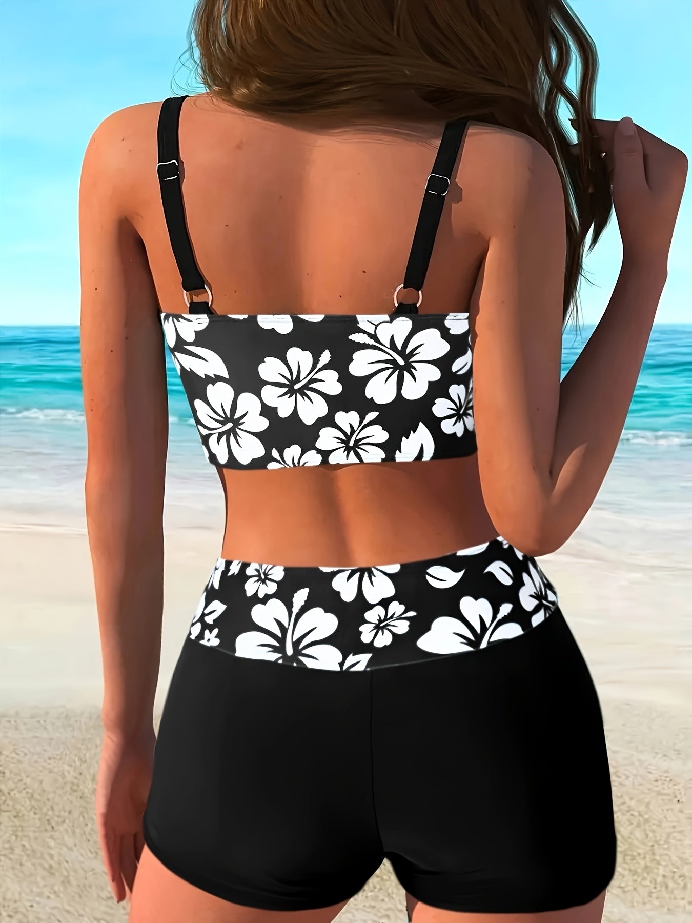 Women's Black & White Cherry Blossom Two-Piece Swimsuit with Adjustabl