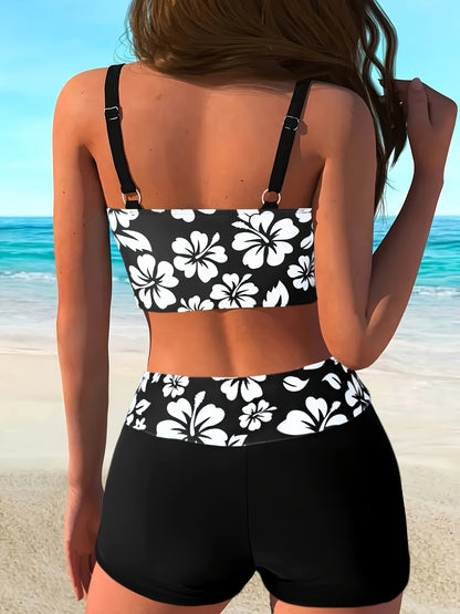 Women's Black & White Cherry Blossom Two-Piece Swimsuit with Adjustabl