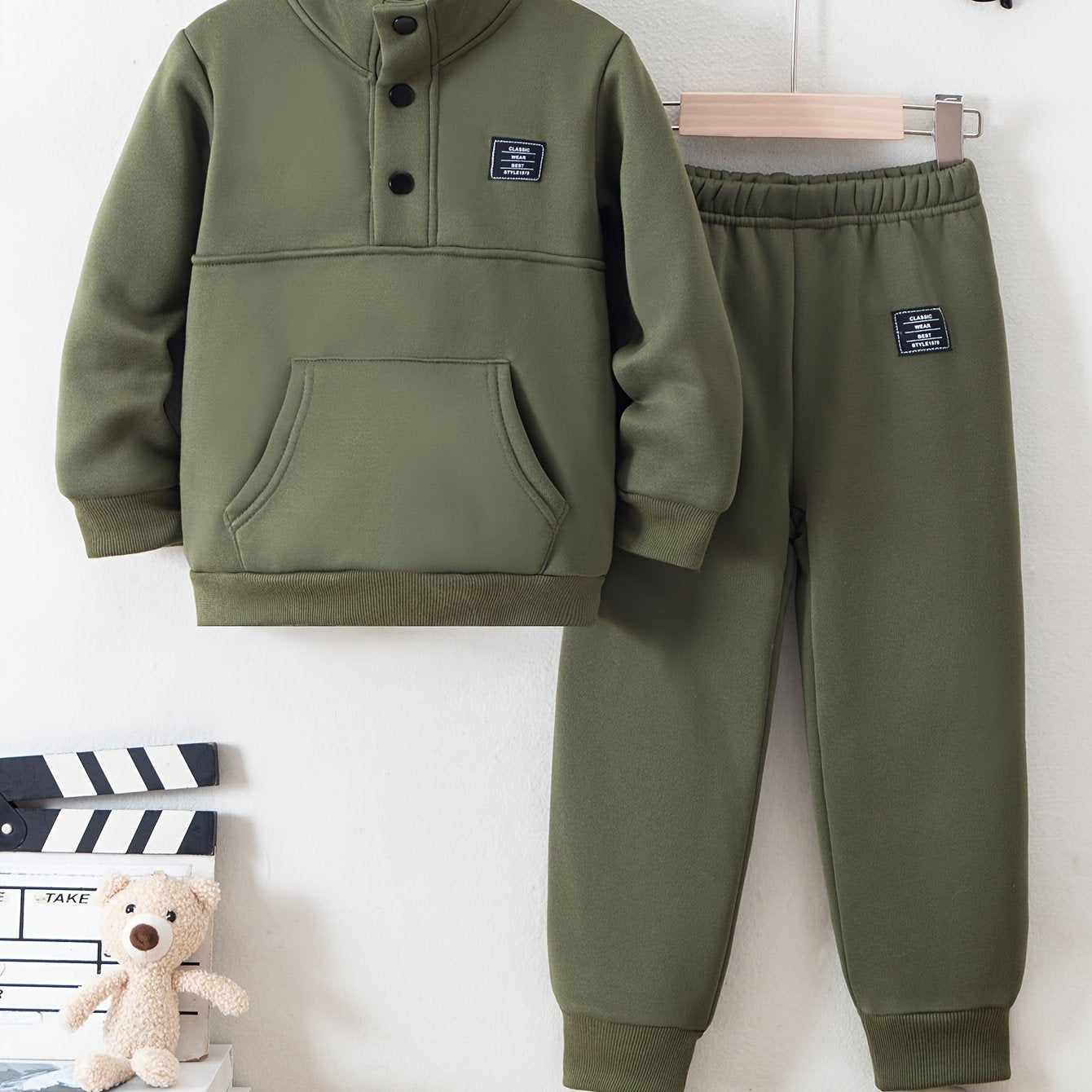 Boys' Cozy Fleece-Lined Hoodie & Sweatpants Set - Olive Green Casual Winter Outfit with Pockets, Thick Warmth for Fall & Winter, Regular Fit, Casual Attire, for Outdoor