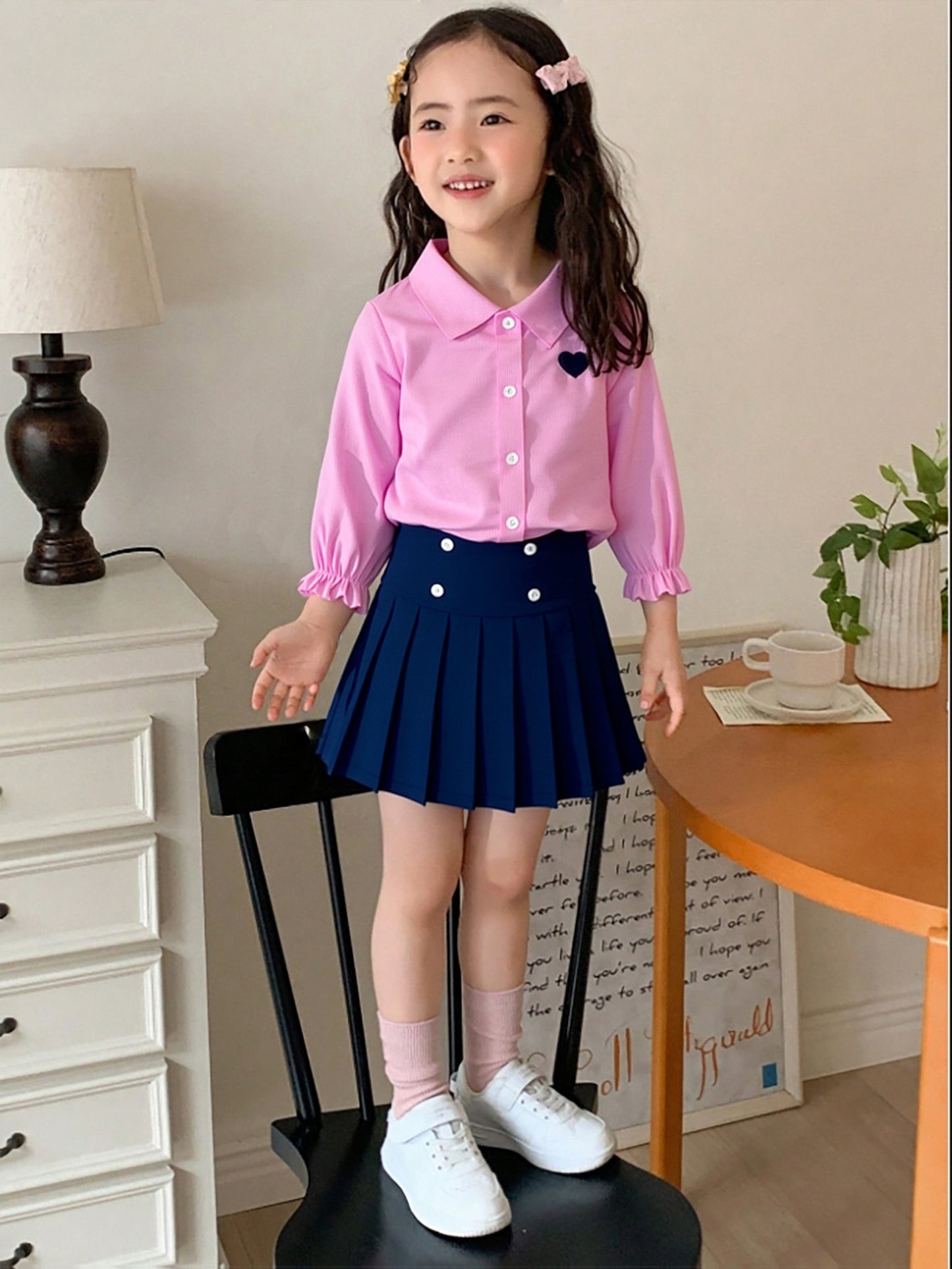 Girls Preppy Striped Collar Shirt & Pleated Skirt Set