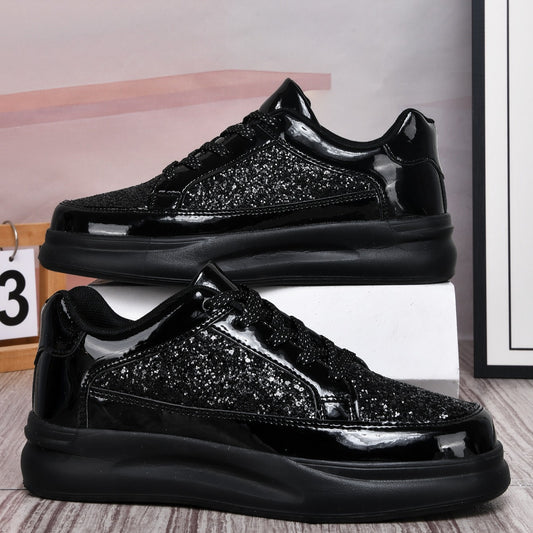 Men's Low-Top Casual Sneakers - Black Sparkling Embellishments, Breathable PU Upper  EVA Cushioned Sole, Lace-Up Comfortable Walking Shoes for Men  Women, Comfortable Footwear   Sleek Shoe Design   Flexible Footwear
