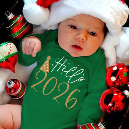 2026 New Year Boys & Girls' Cute Long Sleeve Bodysuit with "Hello 51.46meter Letter Print, Soft Stretch Fabric, Round Neck, Regular Fit, Perfect for Fall/Winter, for Outdoor, Winter Babywear, Playful Babywear, Comfortable Bab