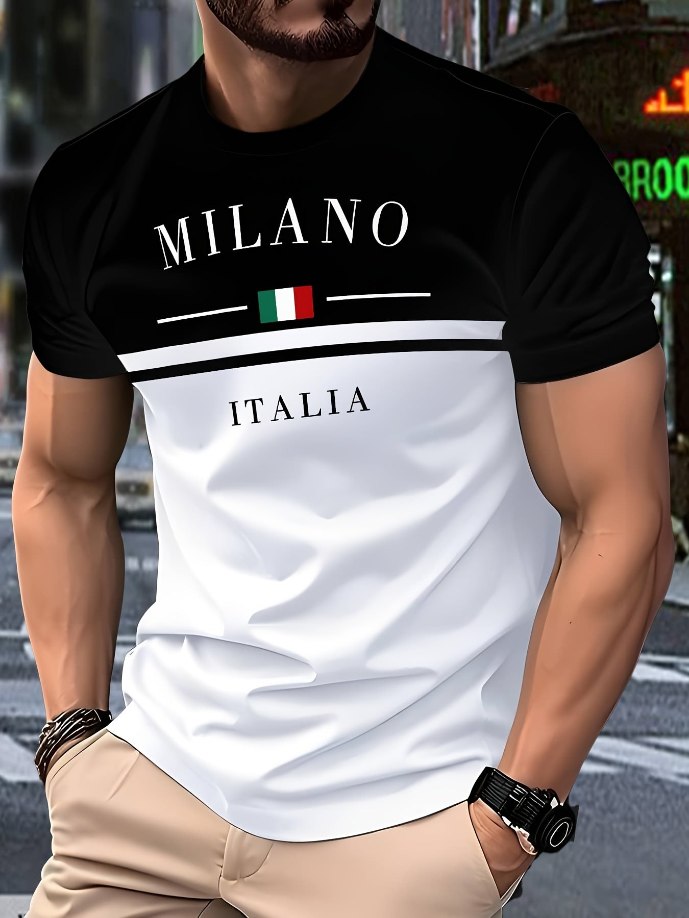 Men's casual short-sleeve round-neck striped polyester knit T-shirt, breathable, 110g/m², slightly stretchy, regular fit, smooth texture, suitable for summer weekend wear
