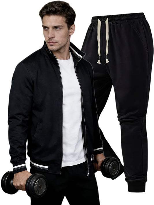 Men'S Pilot Jacket And Casual Pants Set for Spring And Autumn, Featuring a Stylish Ribbed Collar And Available in Three Solid Colors with Straight-Leg Trousers