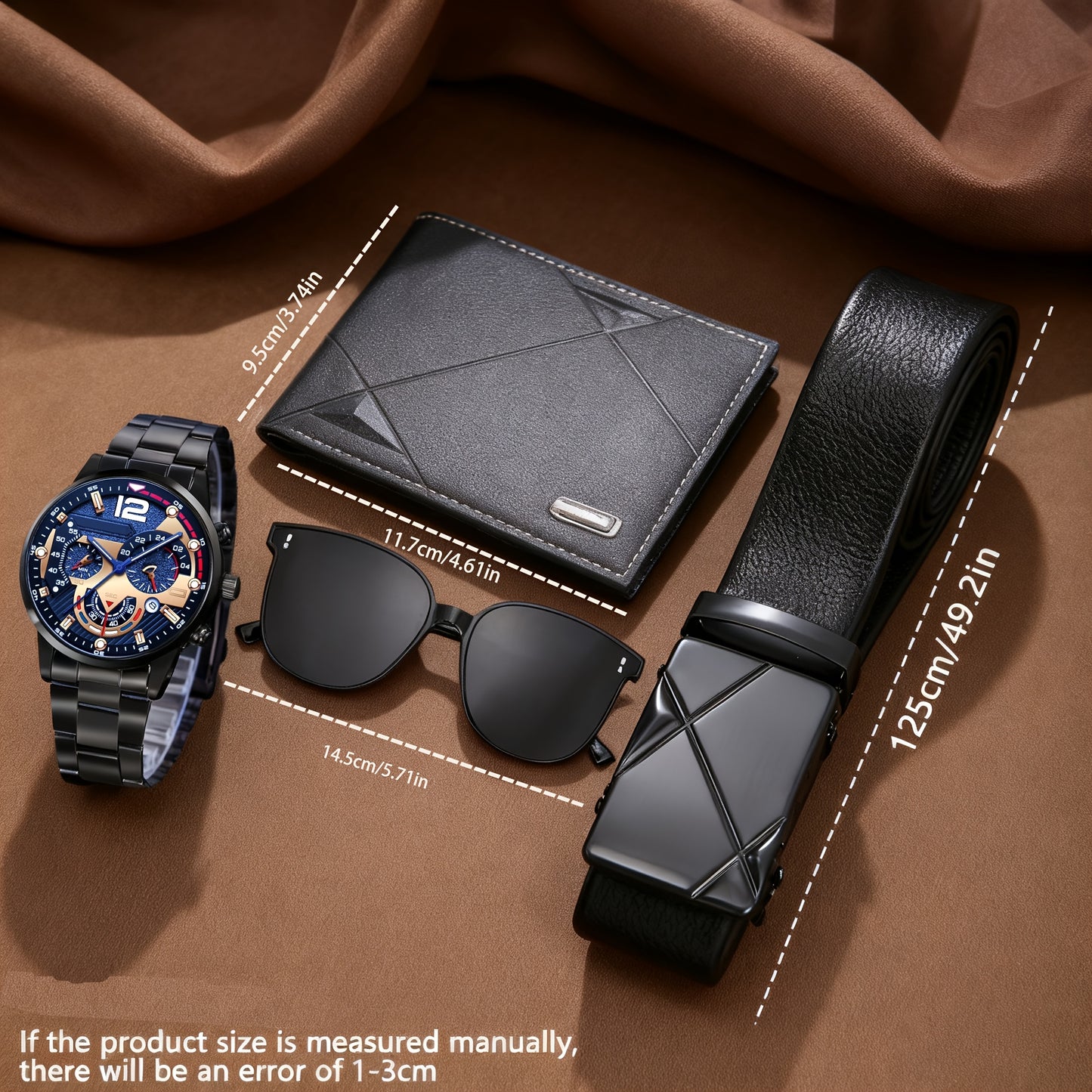 4pcs Men'S Practical Set, Including a Business Quartz Watch, a Business Belt, a Business Wallet, And Stylish Glasses - The All-Black Series Highlights a Business Demeanor, Representing Men in Business, High-End And Classy