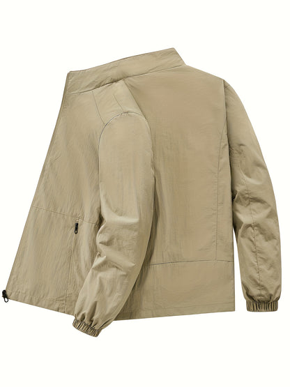 Men'S Olive Green Bomber Jacket with Stand Collar - Casual, Comfortable, Zip-Up Outerwear for Outdoor Activities, Casual Attire|Stand Collar Jacket|Zippered Jacket