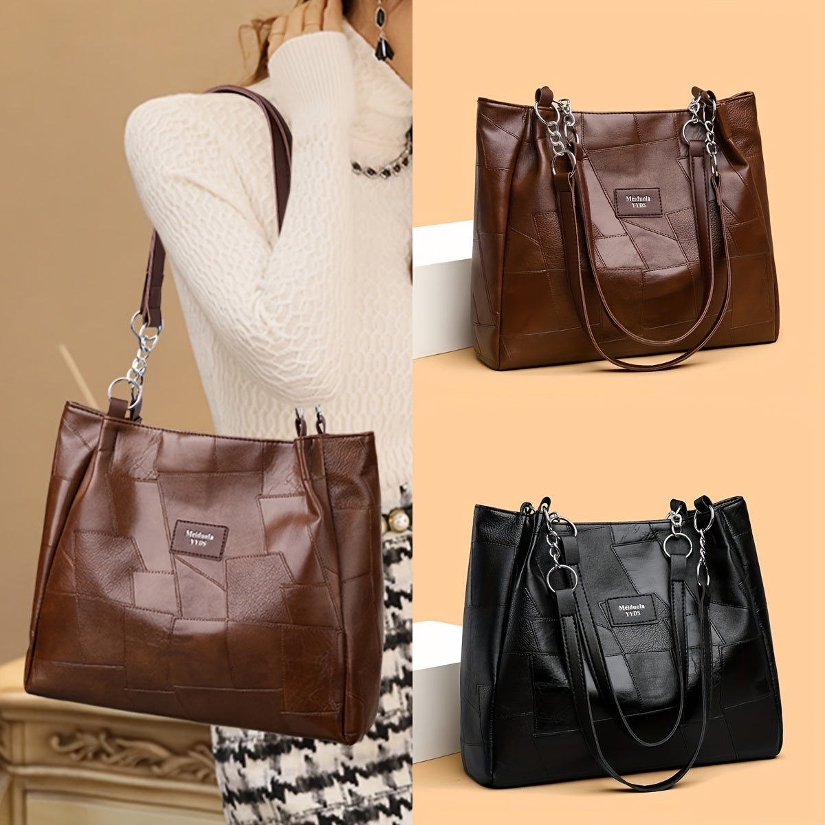 Women's Fashion Shoulder Bag with Patchwork Pattern and Chain Tote Handbag for Travel and Shopping