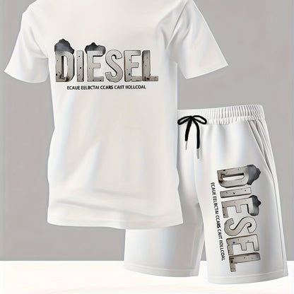 Summer Men'S Casual Sports Short Sleeve T-Shirt and Shorts Set, Comfortable Breathable, Suitable for Outdoor Jogging Running Fitness, Diesel Letter Print Design - 2pcs Set