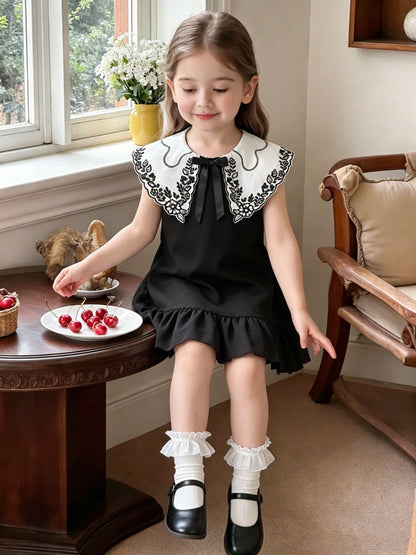 Girls Embroidered Peter Pan Collar Sleeveless Dress
