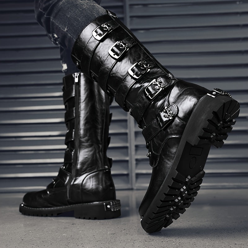 Men's Stylish PU Leather Boots with Zipper and Buckle