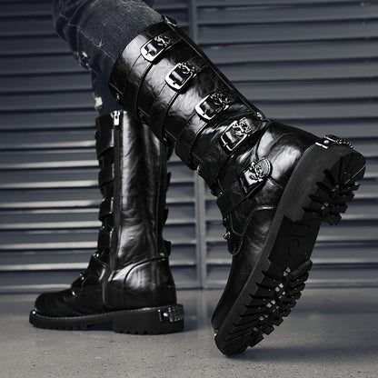 Men's Stylish PU Leather Boots with Zipper and Buckle