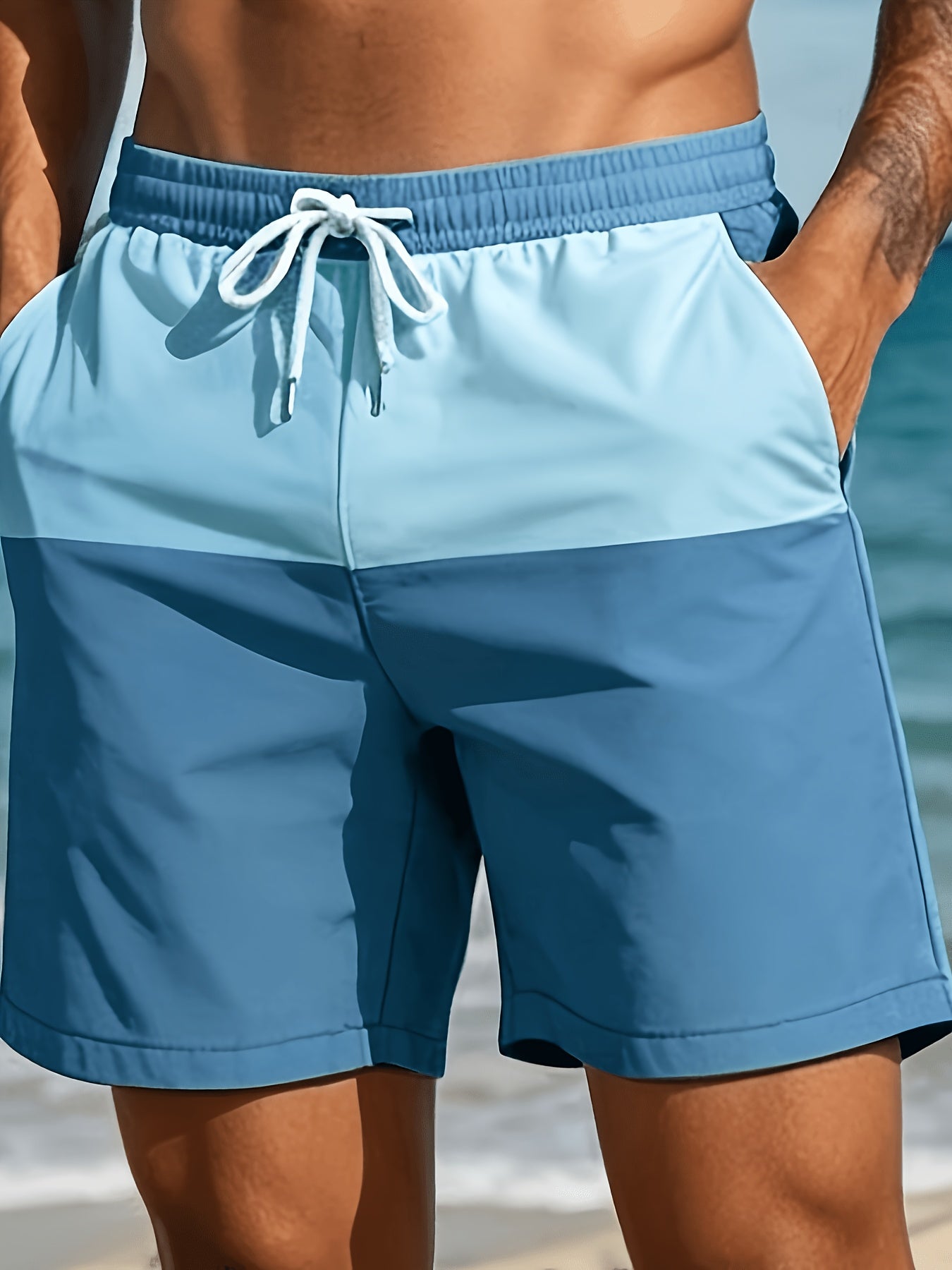 Men's Lightweight Polyester Beach Shorts with Color Block Design