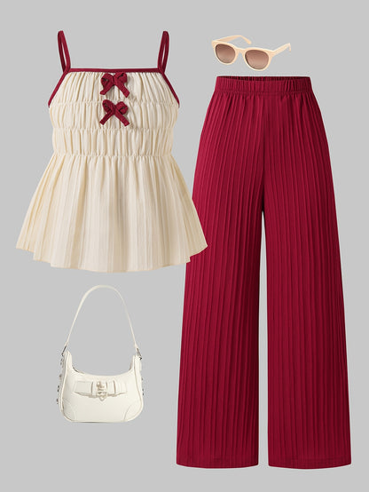 Girls' Casual Bow Tie Camisole & Solid Pants Set for Spring-Summer