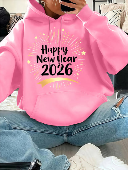 Women'S Pink "Happy New Year 51.46meter Print Hoodie - Cozy Casual Pullover with Golden Glittery Lettering, Long Sleeves, and Drawstring Hood, Perfect for Winter Celebrations, Winter Hoodie | Festive Print Hoodie | Stretchy F