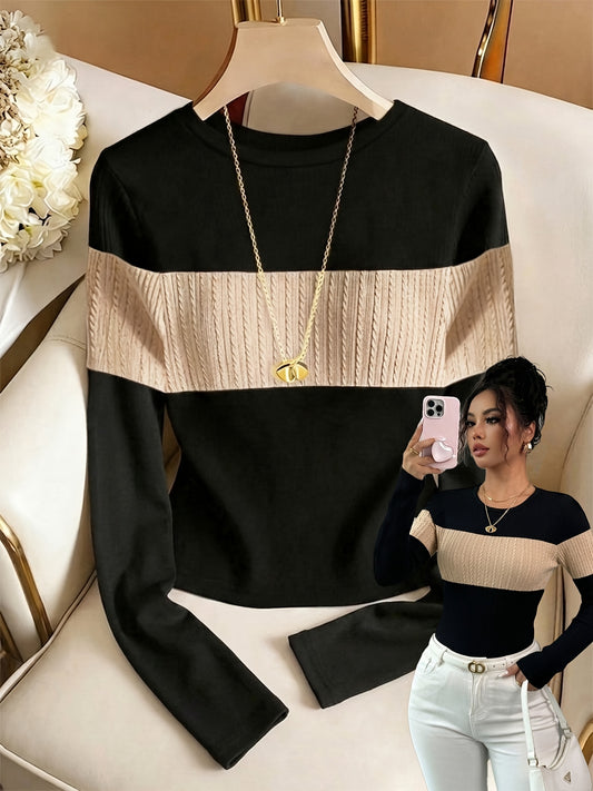 Women's Elegant Color-Block Crew Neck Long Sleeve Top - ayq