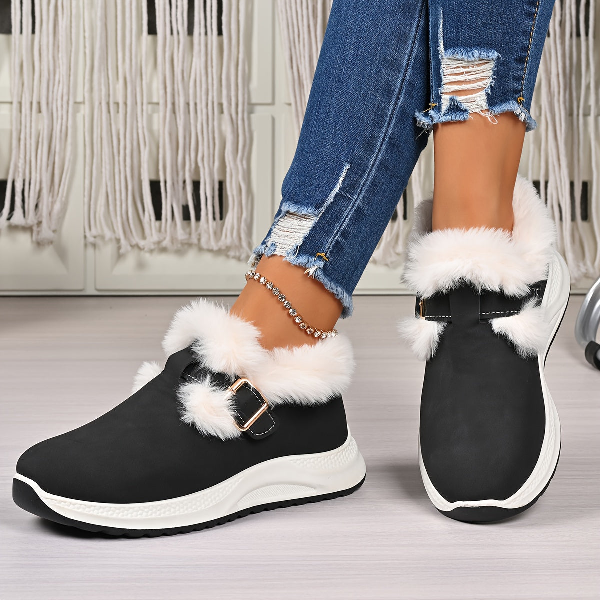 Women's Plush Winter Snow Boots with Faux Collar & - Slip-On/Lockable Ankle Strap, Cushioned PVC Sole - Grey/Lavender Synthetic - Warm Cozy Shoes for Ice, Snow, Indoor/Outdoor (Wide Widths Available) - Ideal, Winter Boots For