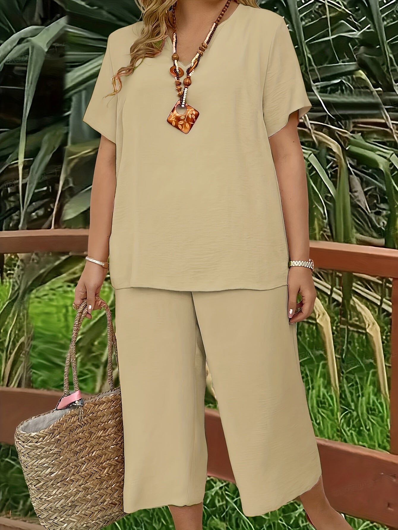 Women's Plus Size Suit, Elegant Solid Color Short Sleeve Top and Wide Leg Pants