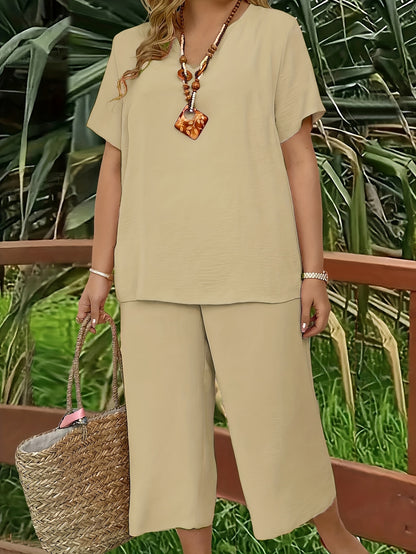 Women's Plus Size Suit, Elegant Solid Color Short Sleeve Top and Wide Leg Pants