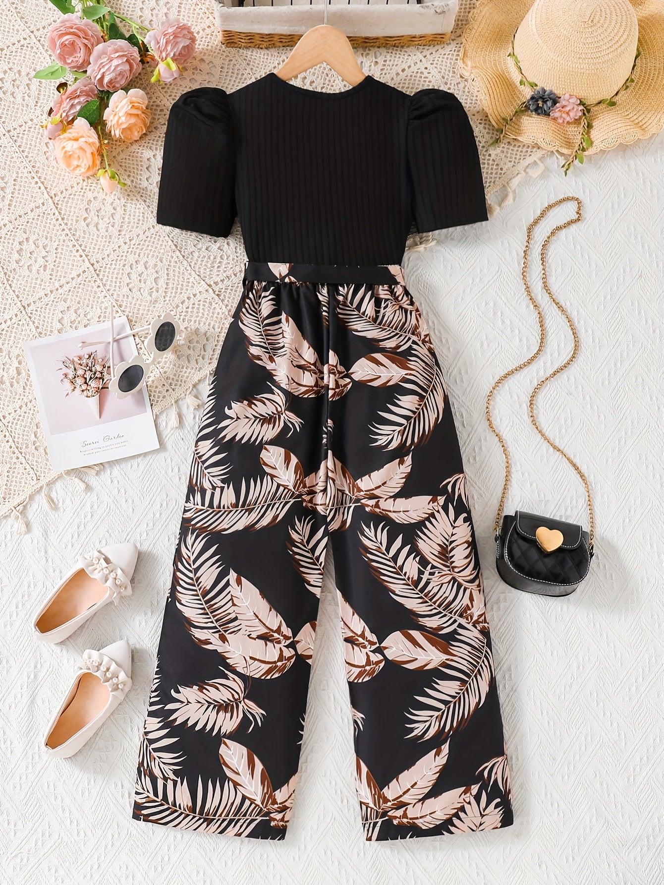 Girls' Summer Floral Top and Wide-Leg Pants Set with Waist Tie