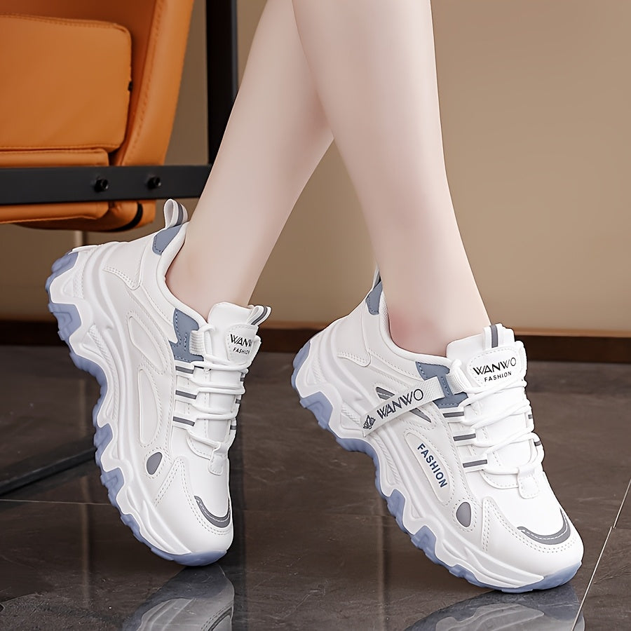 Women'S Fashion Sneakers - White Low-Top Lace-Up with Thick Sole, Stylish Tassel Detail, Lightweight All-Season Hiking and Walking Shoes, Casual Outdoor Footwear Trendy Casual Shoes Lightweight Footwear