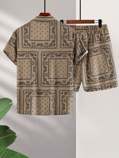 Men's Paisley Print Short Sleeve Shorts Single Button Shirt Suit with Elastic Cord and Pockets
