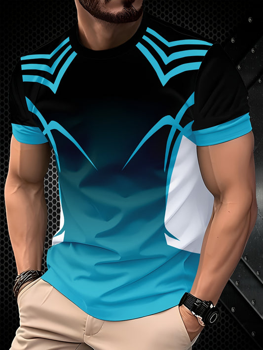 Men'S 3D Printed Graphic T-Shirt - Black, Blue  White, Short Sleeve, Round Neck, Casual Fit, All-Season Wear, Casual Attire   Modern Graphic Tee   Comfortable Fit, PLUS SIZE