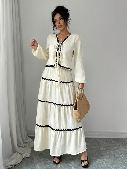 Women's Elegant French Style Lantern Sleeve Ruffle Hem Bow Dress and Skirt Set